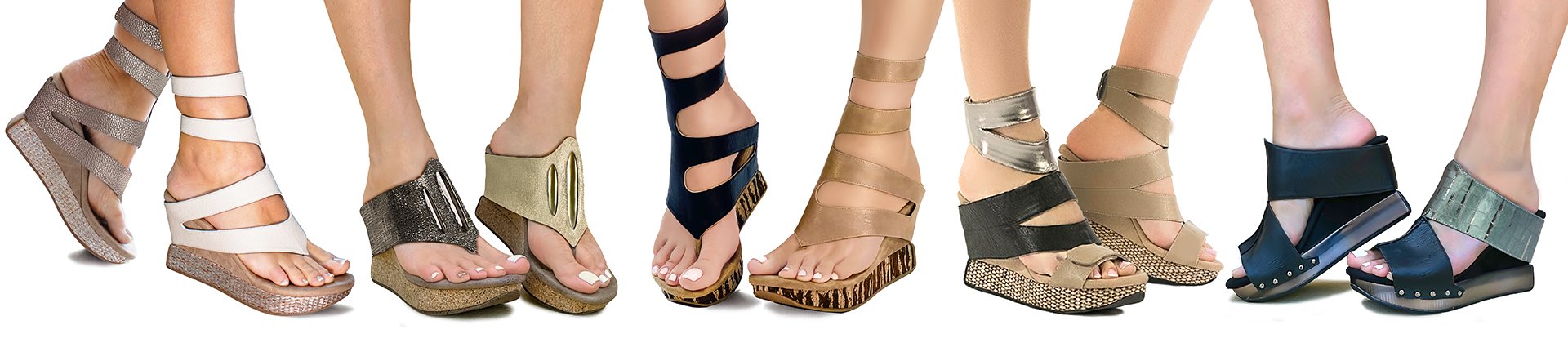 A collection of women's high wedges in various colors