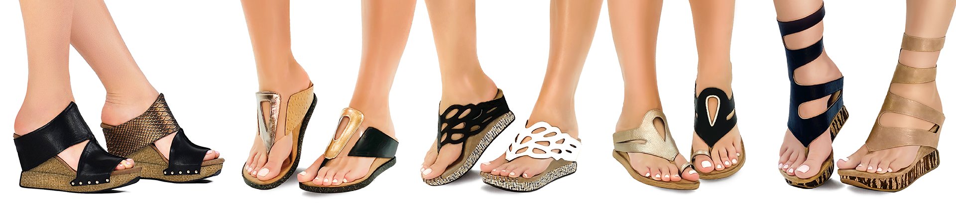 A collection of women's wedges in various colors